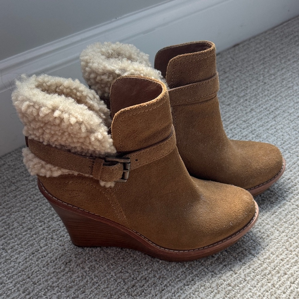 UGG Chestnut Suede Wedge Booties with Shearling Cuff